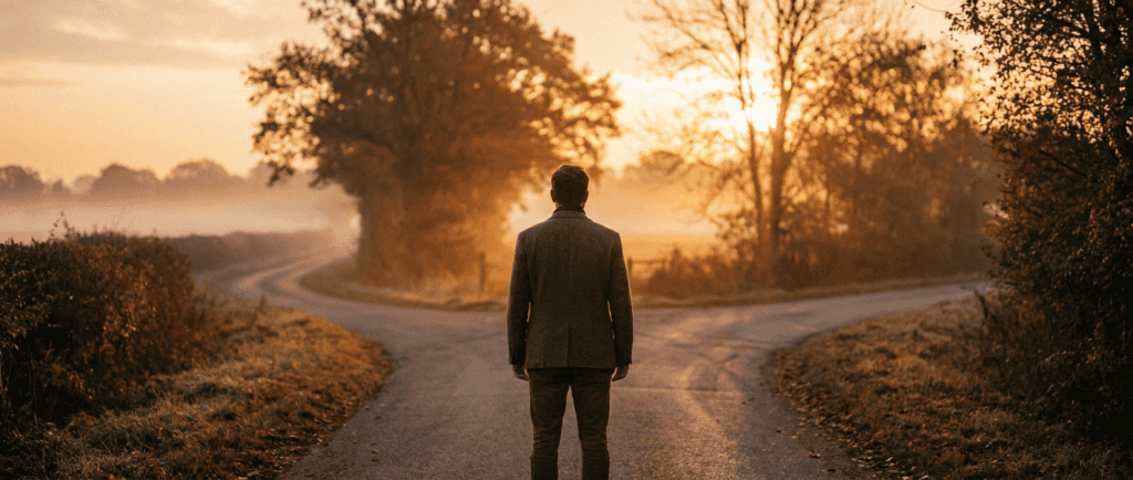 Crise de la quarantaine : Chemin de campagne qui bifurque au lever du soleil, brume matinale se dissipant, silhouette d'homme de dos