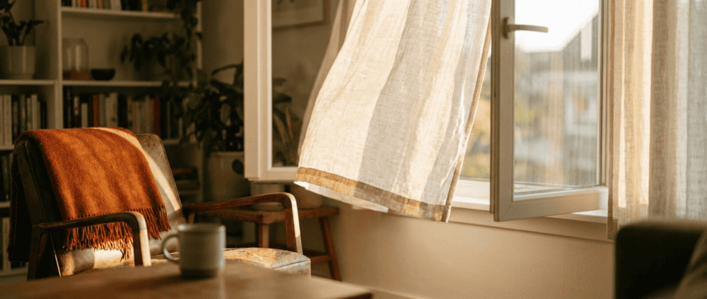 Emprise familiale : Fenêtre entrouverte dans un intérieur familial, rideau soulevé par le vent, lumière dorée