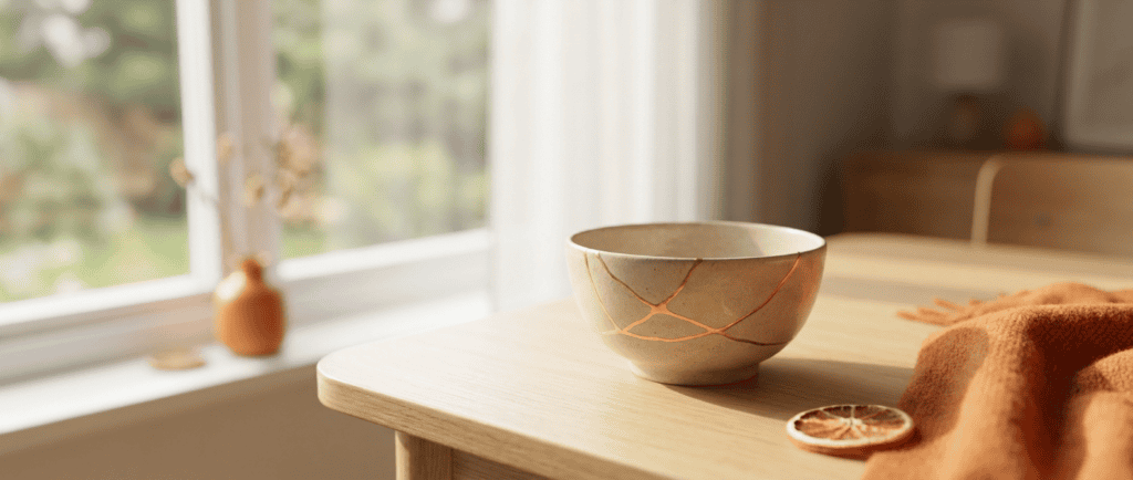 Syndrome post-traumatique de la relation : Bol en céramique réparé à l'or façon kintsugi sur une table en bois près d'une fenêtre