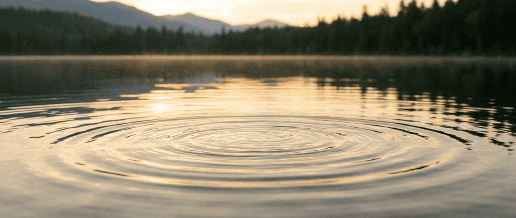 Ondes concentriques s'apaisant à la surface d'un lac au lever du soleil