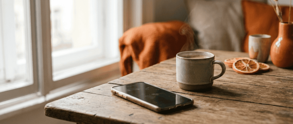 Addiction à la pornographie : Smartphone posé face contre table près d'une tasse fumante et d'une fenêtre ouverte sur le jour
