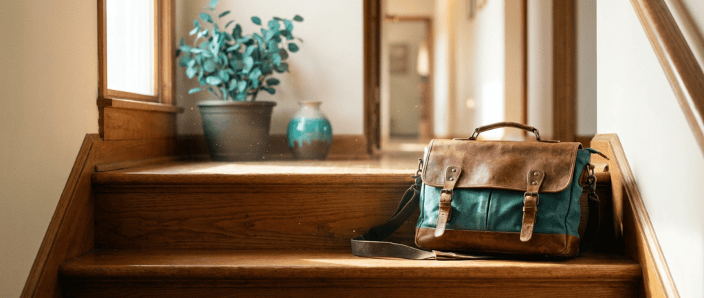 Phobie scolaire : Cartable posé au pied d'un escalier de maison dans la lumière du matin