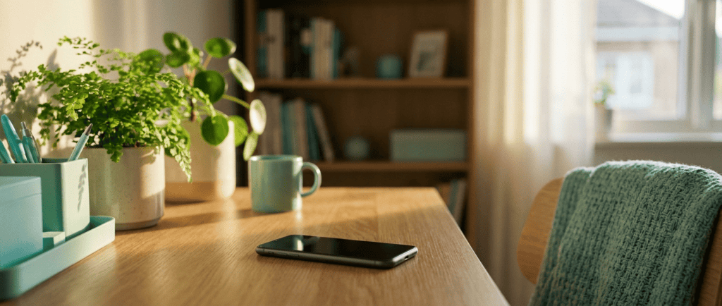 Harcèlement scolaire : Téléphone retourné sur un bureau d'adolescent, plante verte et lumière douce