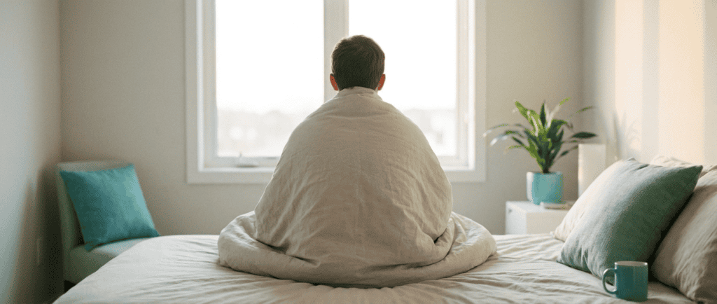 Dépression de l'adolescent : Adolescent de dos assis sur son lit face à une fenêtre où le jour se lève