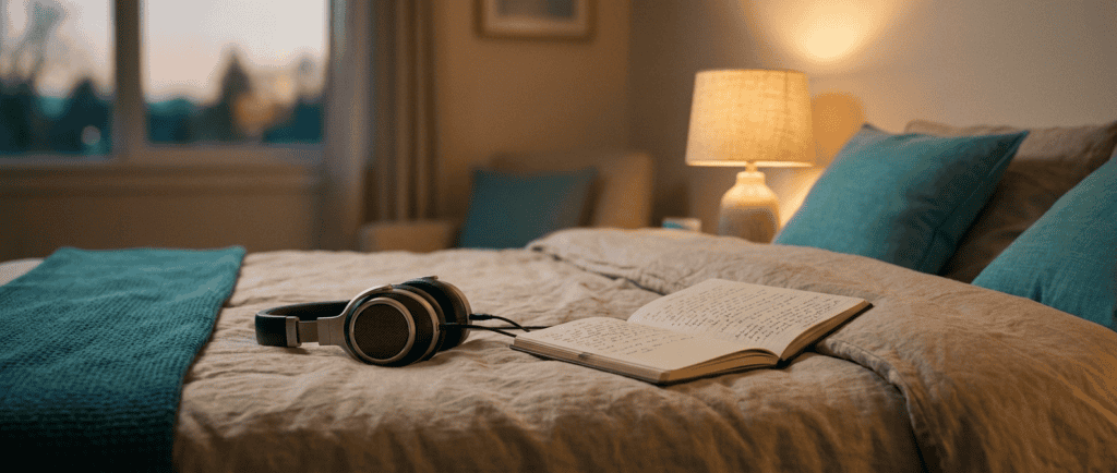 Anxiété de l'adolescent : casque audio et carnet ouvert sur un lit, lampe chaude