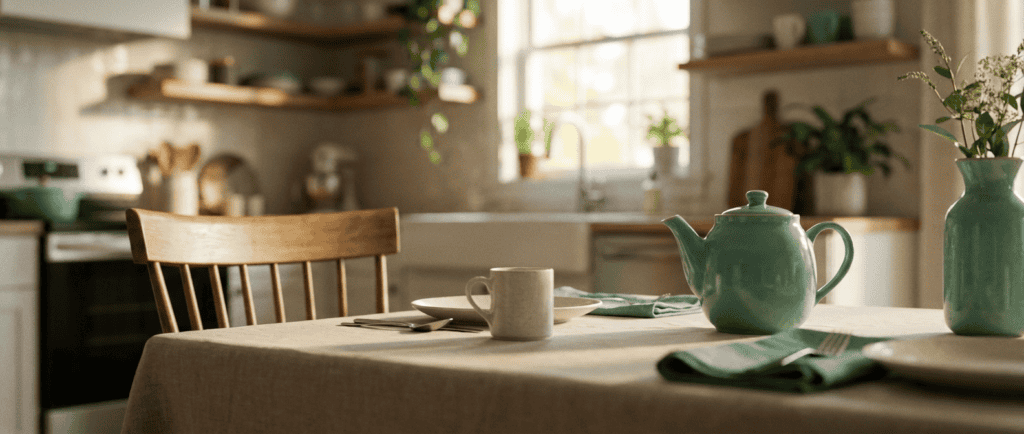 Troubles alimentaires : Table familiale dressée simplement, chaise légèrement reculée, lumière douce de cuisine