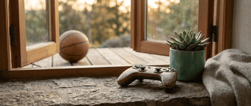 Addictions de l'adolescent : manette de jeu sur un rebord de fenêtre, ballon de basket dehors