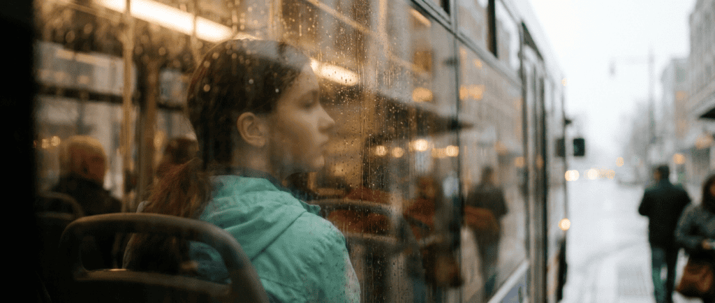 Chagrin amoureux : Adolescent de profil regardant par la fenêtre d'un bus sous une pluie fine