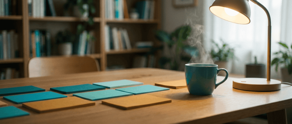 Préparation aux examens : bureau ordonné avec fiches de révision, tasse de thé