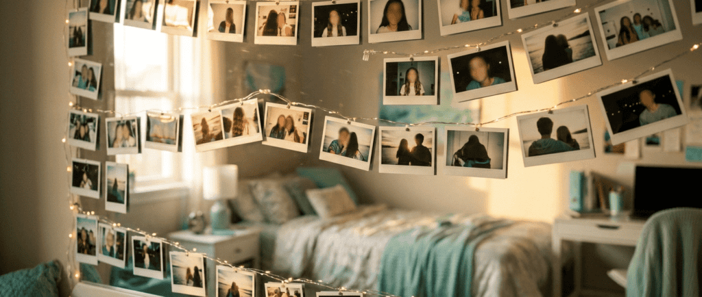 Identité de l'adolescent : mur de chambre avec polaroïds et guirlande lumineuse