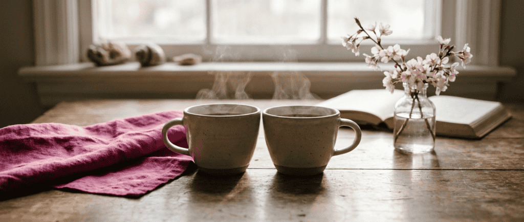 Deux tasses de café face à face sur une table en bois, lumière du matin