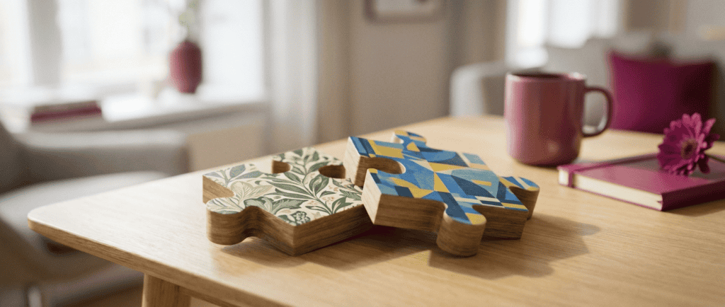 Deux pièces de puzzle aux motifs différents posées côte à côte, presque emboîtées
