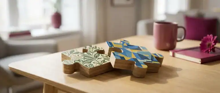 Deux pièces de puzzle aux motifs différents posées côte à côte, presque emboîtées