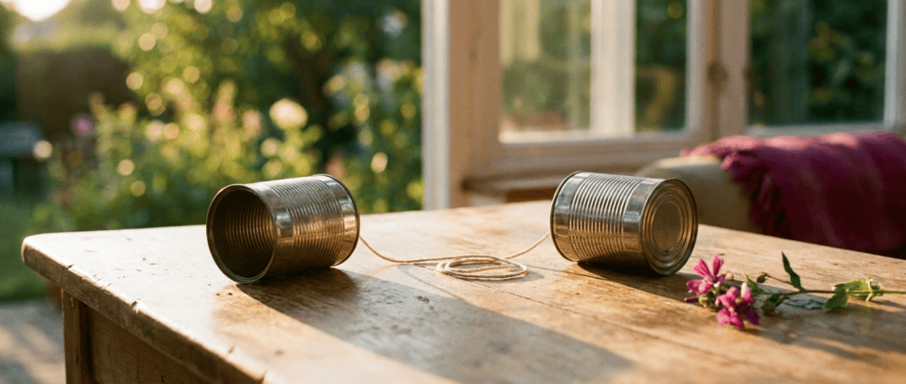 Communication dans le couple : Deux gobelets reliés par une ficelle détendue sur une table en bois