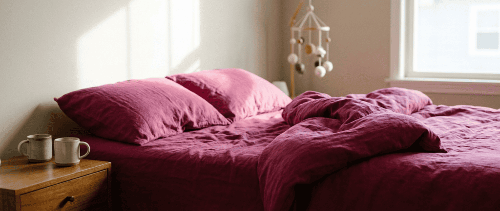 Sexualité post-partum : Lit défait dans la lumière du matin, deux tasses sur la table de nuit, mobile de bébé flou