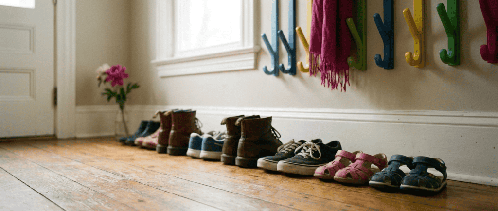 Famille recomposée : Chaussures de tailles différentes alignées dans une entrée de maison chaleureuse