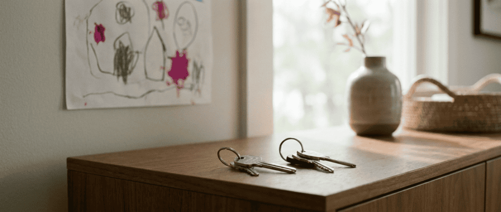 Coparentalité : Deux trousseaux de clés côte à côte sur une console, dessin d'enfant flou au mur