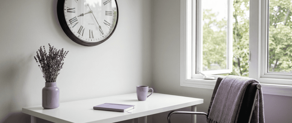 Bore-out : Bureau impeccablement rangé sous une horloge murale, fenêtre ouverte sur des arbres