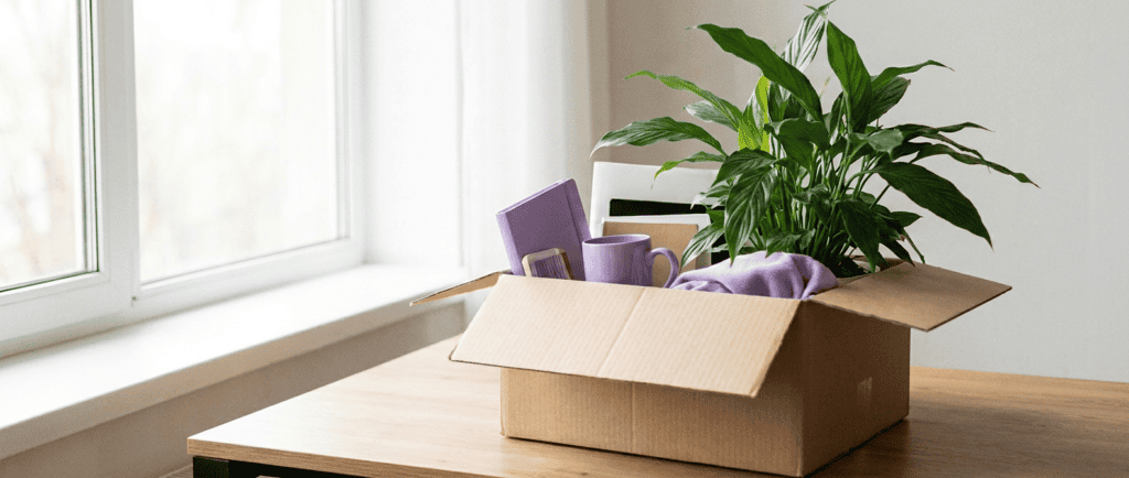 Carton d'effets personnels avec plante verte près d'une grande fenêtre lumineuse