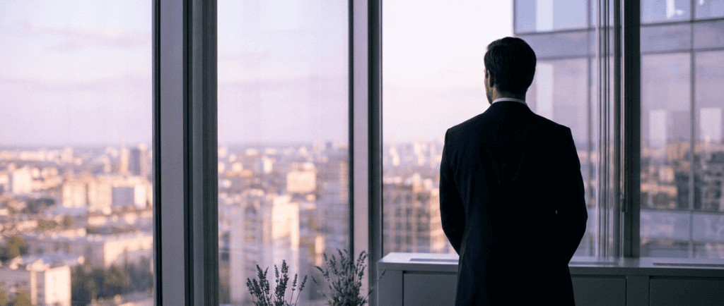 Solitude du dirigeant : Silhouette de dos devant une baie vitrée de bureau, ville dans la lumière de fin de journée