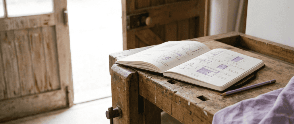 Créer son entreprise : Carnet de croquis sur un établi, porte d'atelier entrouverte sur une lumière vive