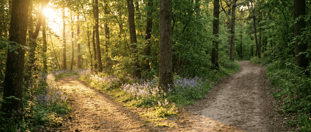 Reconversion professionnelle : Sentier forestier qui bifurque, lumière dorée perçant les arbres sur la nouvelle voie
