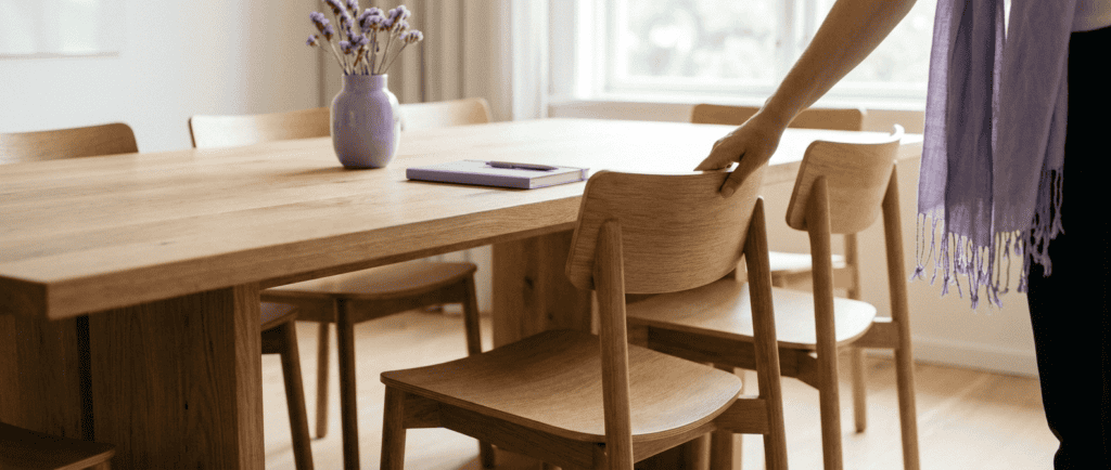 Manager en difficulté : Table de réunion, une main redresse une chaise dans une lumière naturelle généreuse