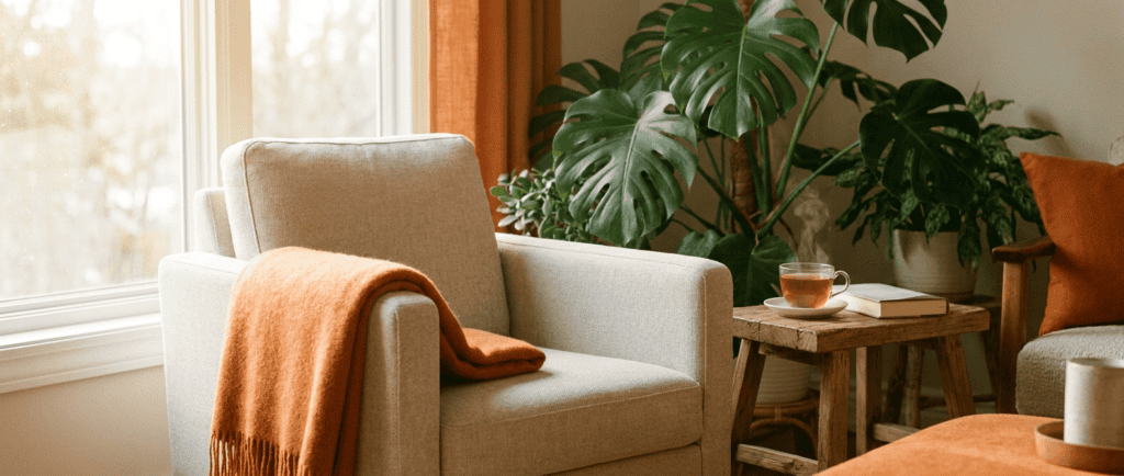 Difficultés sexuelles chez la femme : Fauteuil clair près d'une fenêtre lumineuse avec plaid orange et tasse de thé, ambiance apaisante