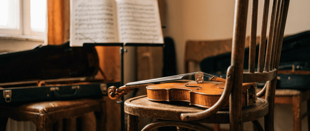 Angoisse de performance : Violon posé sur une chaise dans une lumière douce, cordes en gros plan avant un concert