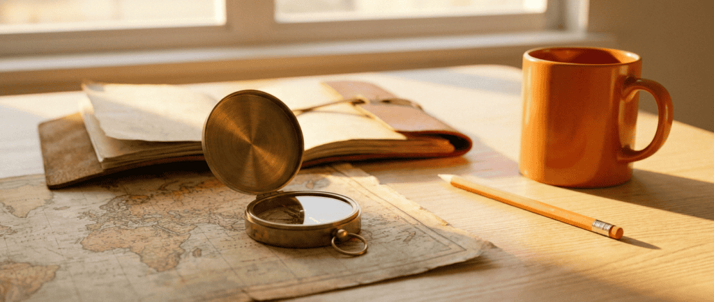 Identité de genre : boussole en laiton sur une carte et un carnet ouvert, lumière dorée