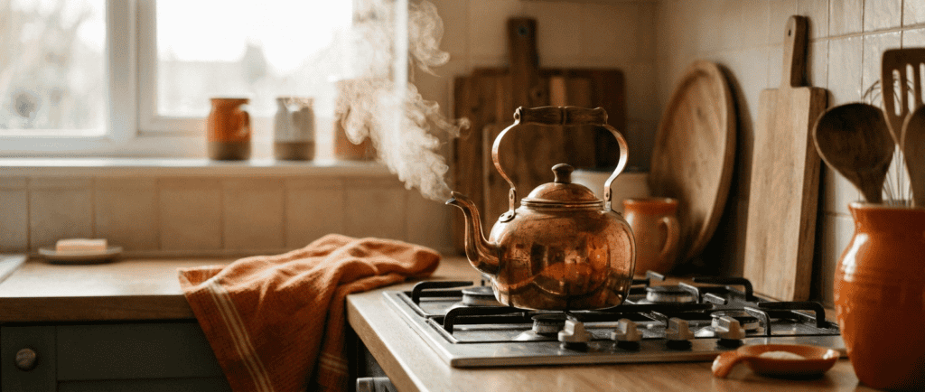 Gestion de la colère : Bouilloire en cuivre laissant échapper une vapeur douce dans une cuisine baignée de lumière chaude