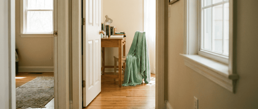 Tensions familiales : Porte de chambre d'adolescent entrouverte sur un couloir lumineux, plaid turquoise sur une chaise