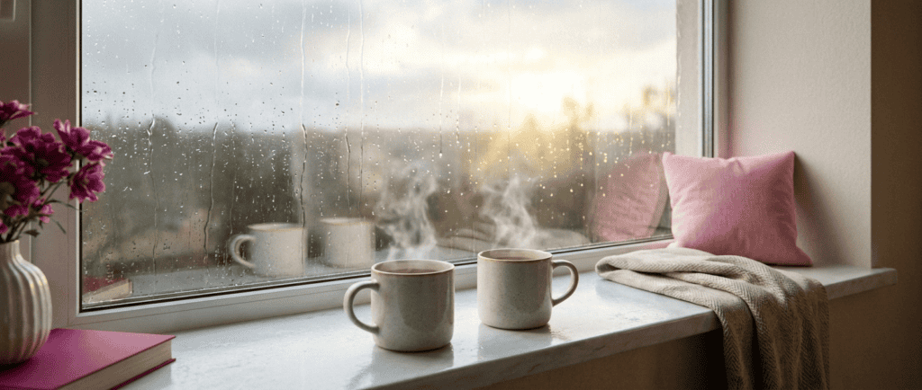 Disputes de couple : Deux tasses fumantes côte à côte devant une fenêtre après la pluie, ciel qui s'éclaircit