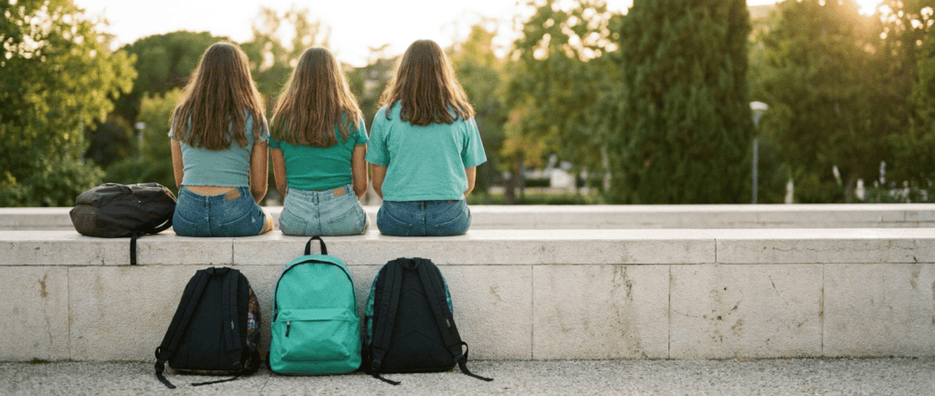 Amitiés à l'adolescence : adolescents de dos sur un muret dans un parc, lumière douce