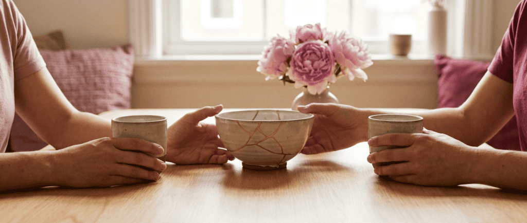 Bol en céramique réparé façon kintsugi entre deux tasses face à face et des pivoines roses