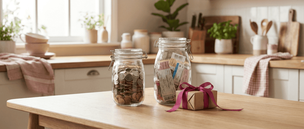Argent dans le couple : deux bocaux en verre face à face, l'un rempli de pièces, l'autre entouré de tickets et d'un cadeau au ruban rose