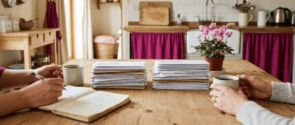 Stress financier dans le couple : Table de cuisine avec papiers rangés en deux piles, deux tasses de café côte à côte et une plante fleurie rose