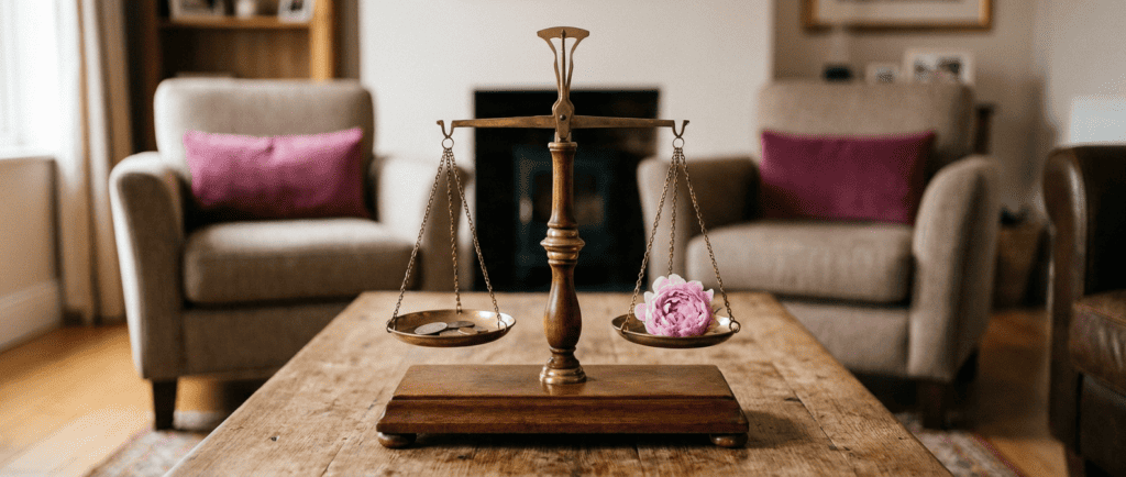 Argent et pouvoir dans le couple : Balance ancienne à l'équilibre entre des pièces et une fleur rose, deux fauteuils identiques en arrière-plan