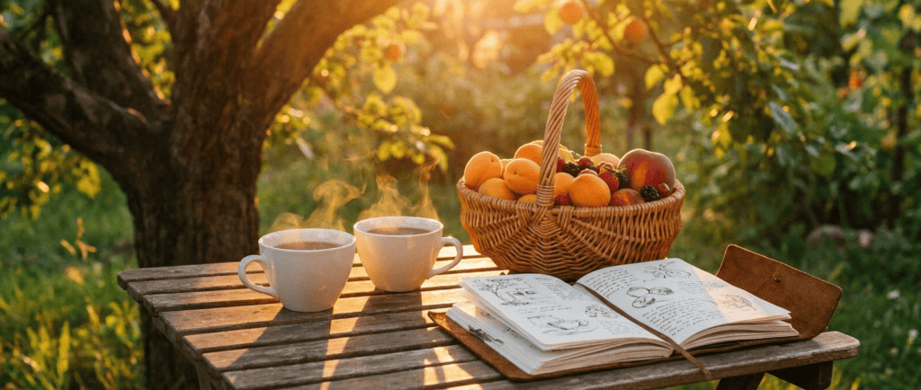 Passage de la soixantaine : Table de jardin sous un arbre, deux tasses de thé et un carnet ouvert dans la lumière dorée