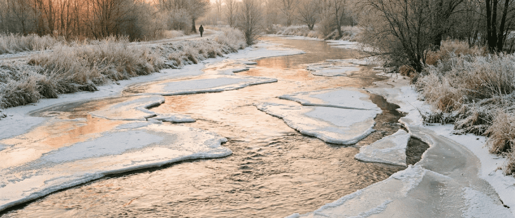 Rivière gelée qui recommence à couler au soleil du matin, lumière douce et orangée