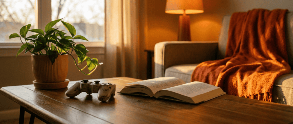 Addiction aux écrans : Manette de jeu posée près d'un livre ouvert dans un salon baigné de lumière dorée