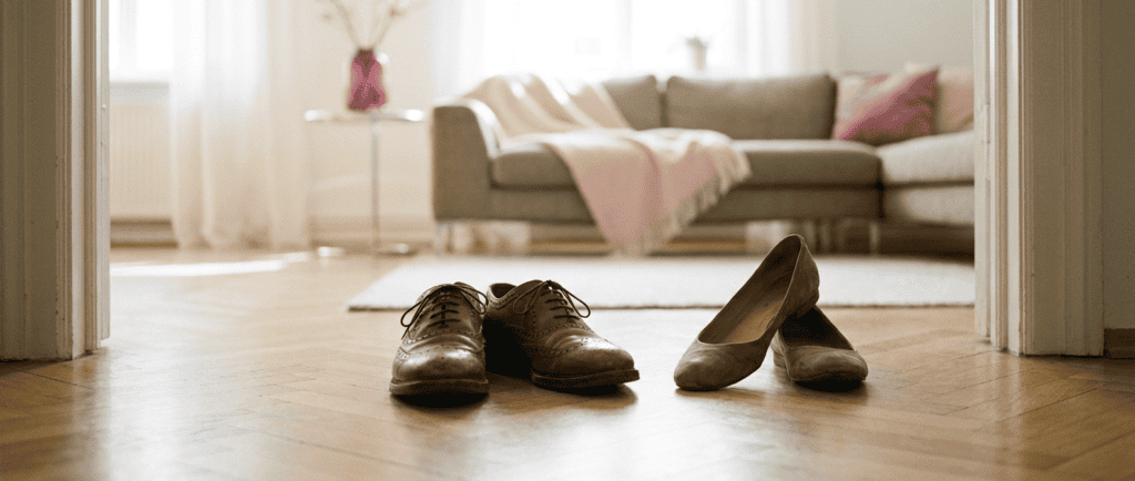 Poursuivant-distant : deux paires de chaussures sur un parquet clair, l'une avançant vers l'autre qui se détourne, comme une danse