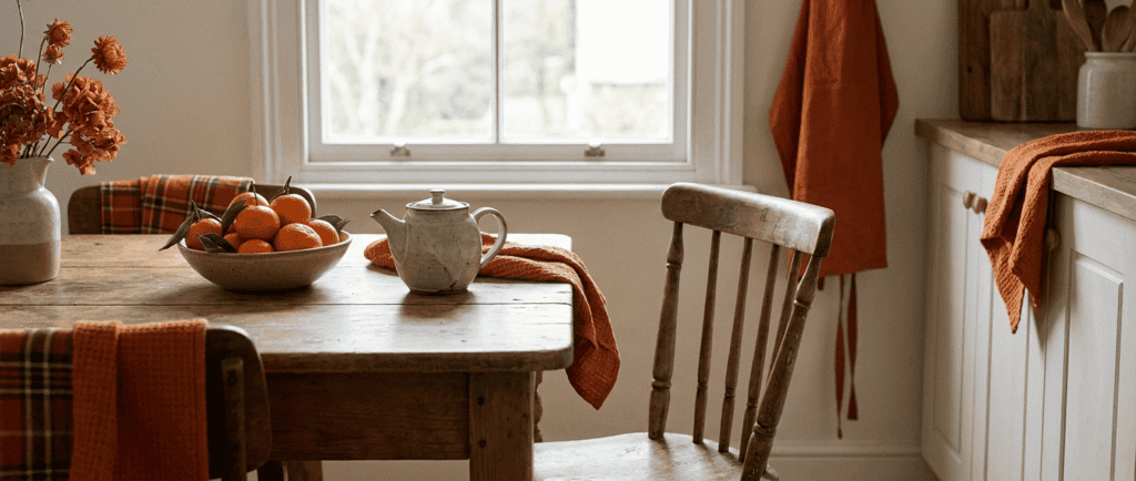 Alimentation compulsive : Bol de clémentines et théière sur une table de cuisine en bois, lumière douce du matin