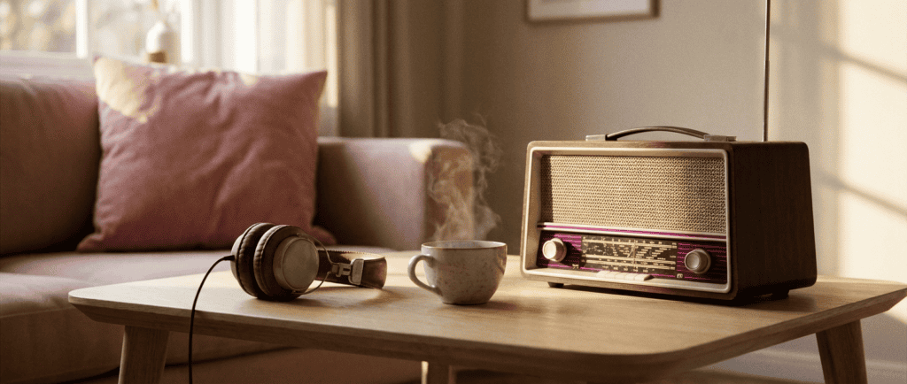 Invalidation émotionnelle : Poste de radio vintage et casque débranché sur une table basse, image d'une écoute brouillée dans le couple