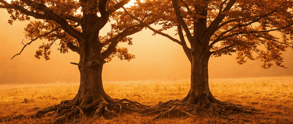 Dépendance affective : deux arbres aux racines propres qui se rejoignent