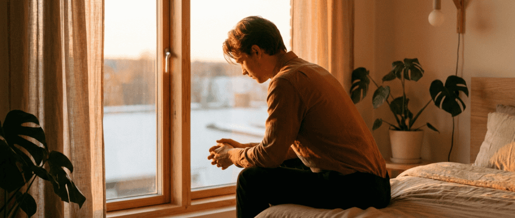 Personne assise près d'une fenêtre dans une lumière chaude, posture introspective — illustration de l'article sur la peur du rejet.