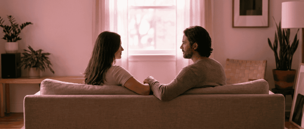 Un couple côte à côte dans une lumière douce et chaleureuse aux tons rosés, dans un échange apaisé — illustration de l'article sur la compatibilité amoureuse.