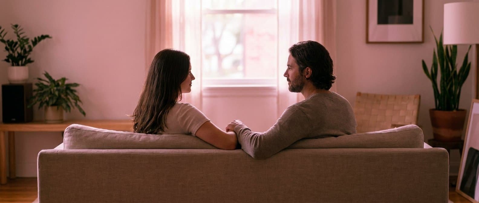 Compatibilité amoureuse : Un couple côte à côte dans une lumière douce et chaleureuse aux tons rosés, dans un échange apaisé, illustration de l'article sur la compatibilité amoureuse.