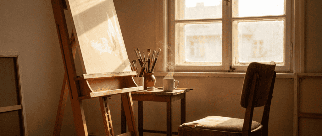 Atelier de peinture rouvert au matin, chevalet et toile à peine commencée — reprendre une place à soi après une rupture.