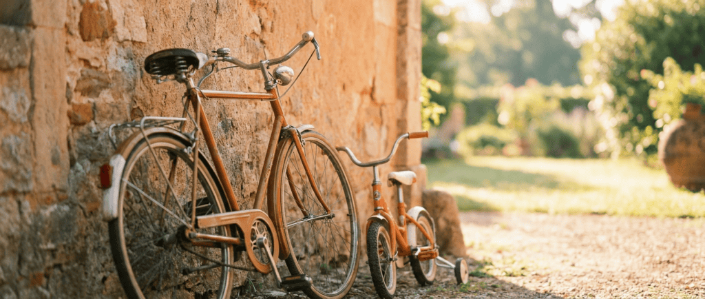 Un grand et un petit vélo côte à côte au soleil du matin — garder sa place de père, au quotidien, après la séparation.